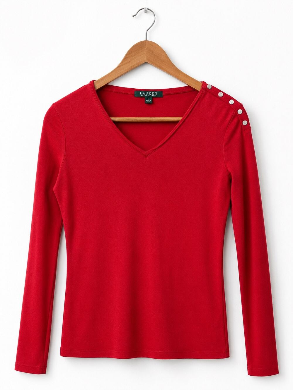 Ralph Lauren Red Long Sleeve Womens Top Sz M 100% Cotton Preppy Staple Casual